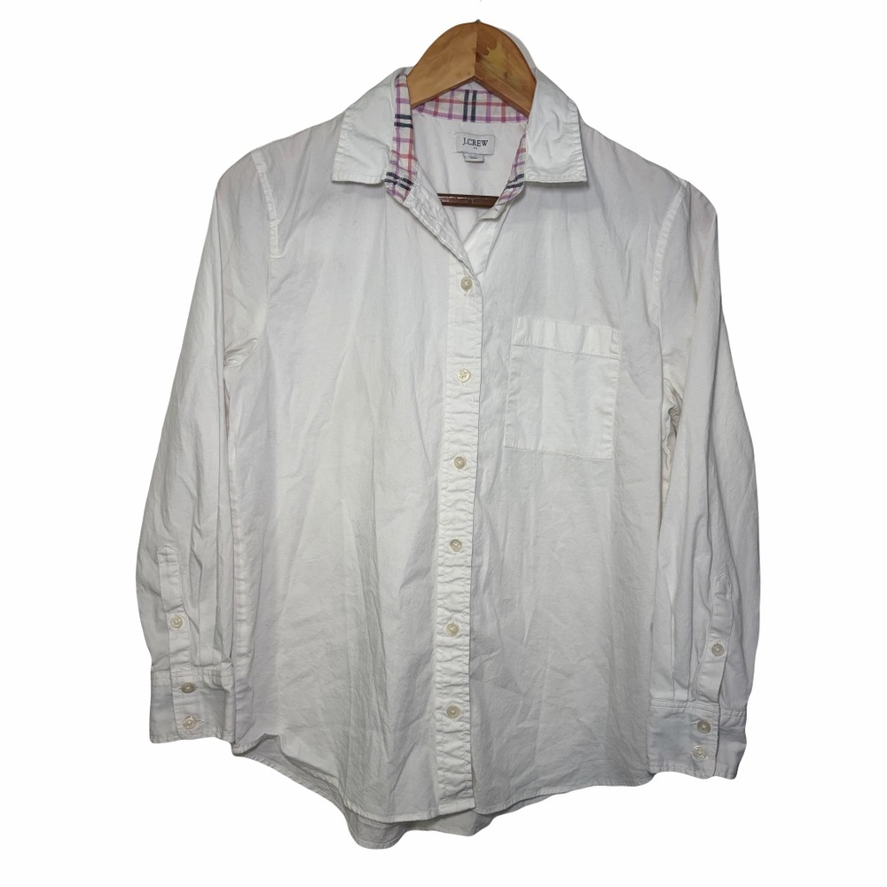 J. Crew White Button-Down Poplin Shirt Plaid Collar Trim Sz Small Petite Preppy